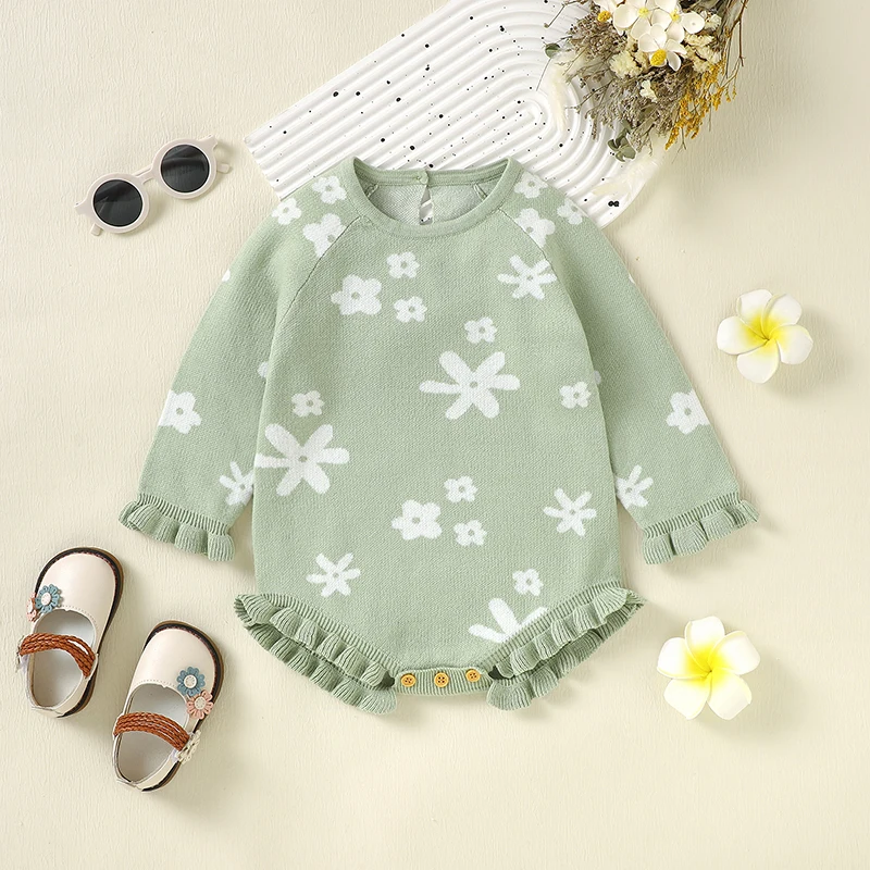 Autumn Baby Bodysuits Cotton Knit Newborn Girls Jumpsuit Long Sleeve Romper Infant Clothes Fashion Floral Overalls 0-18M Ruffles