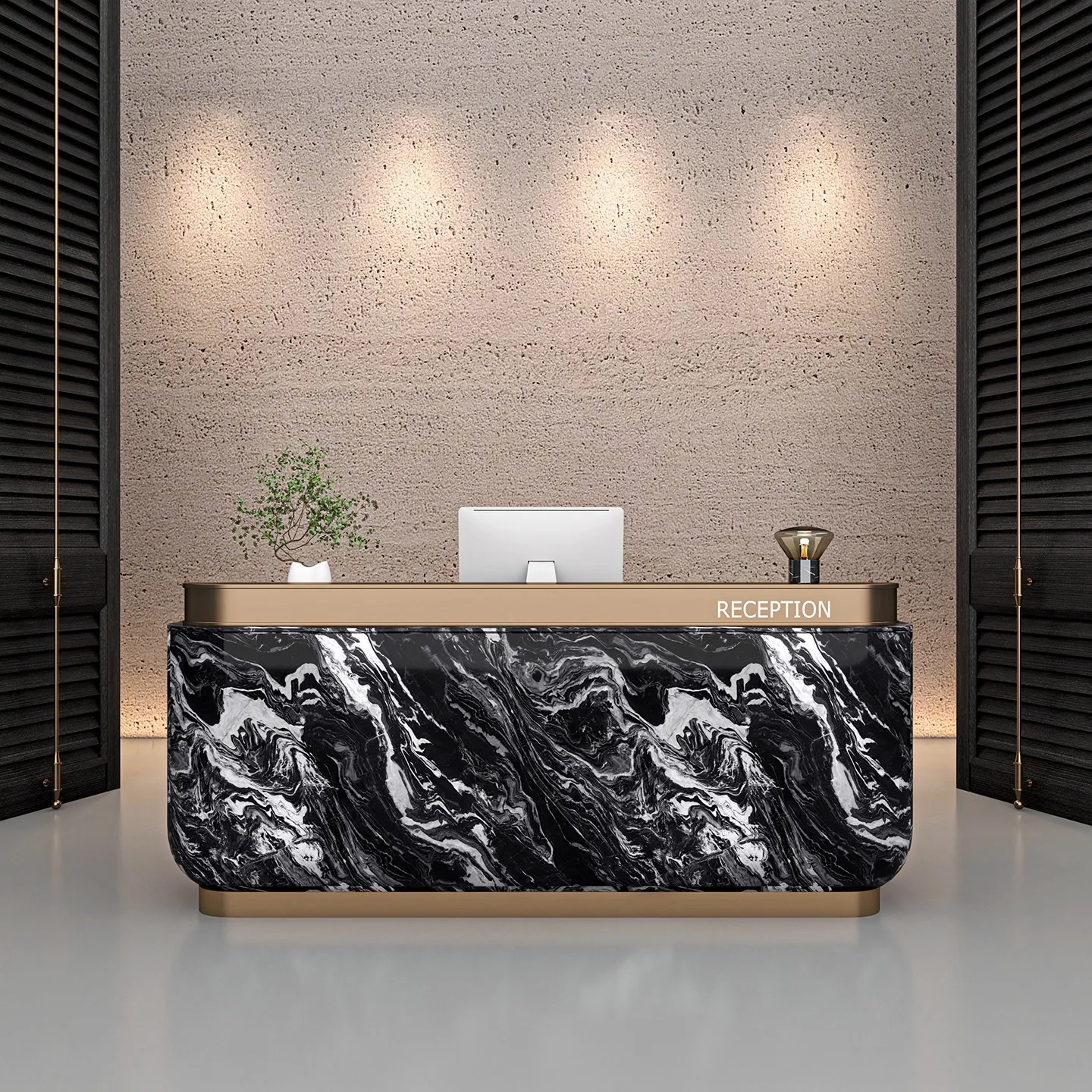 

L Curved Reception Desk Marble-Like Lacquered Bar Counter for Hotel Lobby Stainless Steel Cashier Station
