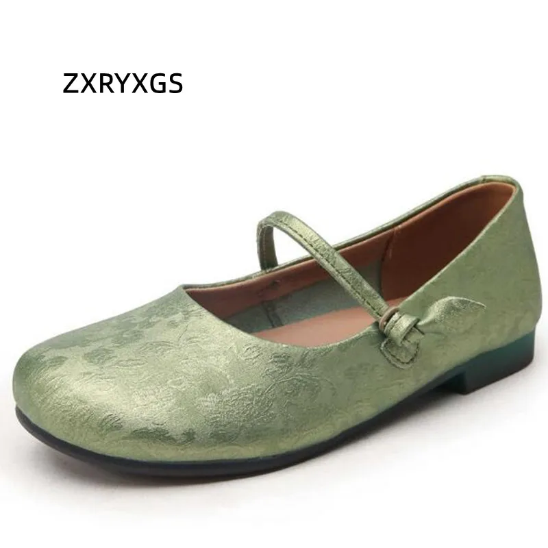 

ZXRYXGS Chinese Style Square Toe Jacquard Genuine Leather Shoes Flat Shoes 2024 Autumn Elegance Fashion Shoes Woman Flats Tide