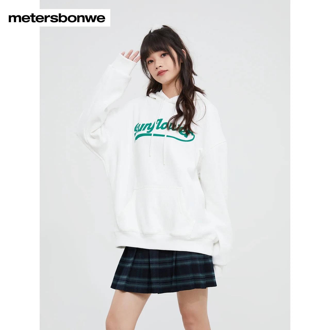 Metersbonwe-Women's Fashion Fleece Hoodie Letter Print Loose Hood Drawstring Long Sleeve Pullover Retro Casual Autumn Winter