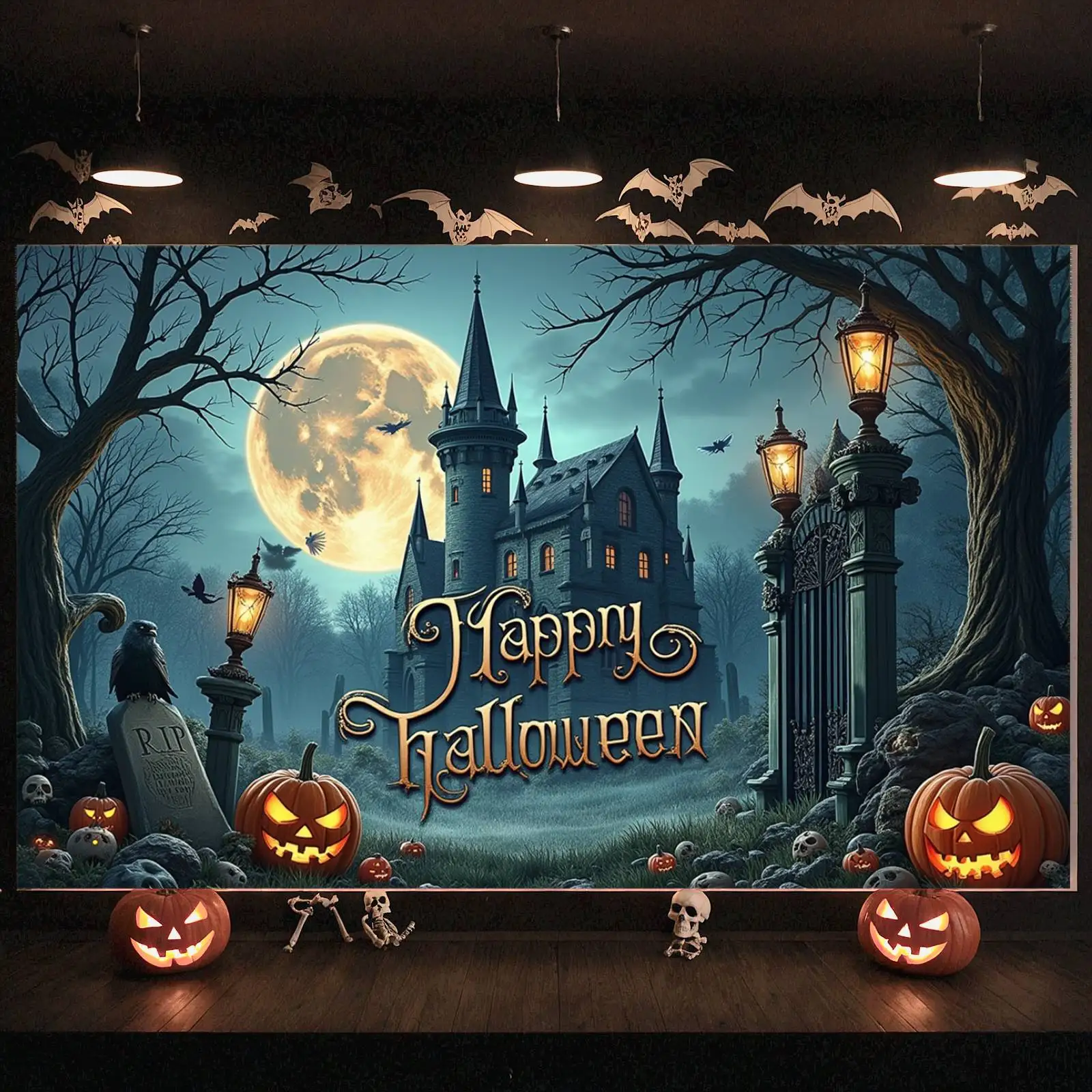 ديكور المنزل المسكون، خلفية القمر البدر، لافتة الهالوين، خلفية الصورة، موضوع قوطي، لافتة الحفلات القوطية لحفلات الحدث المخيف #2