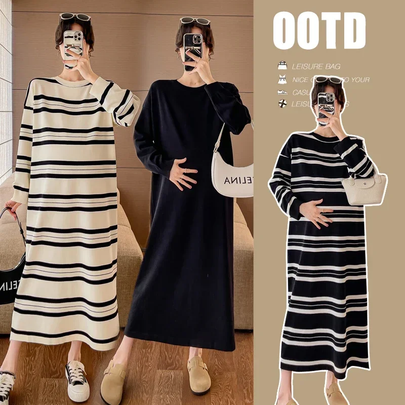 1056# 2023 Autumn Winter Strip Knitted Maternity Long Dress Oversize Loose Straight Clothes for Pregnant Women Casual Pregnancy