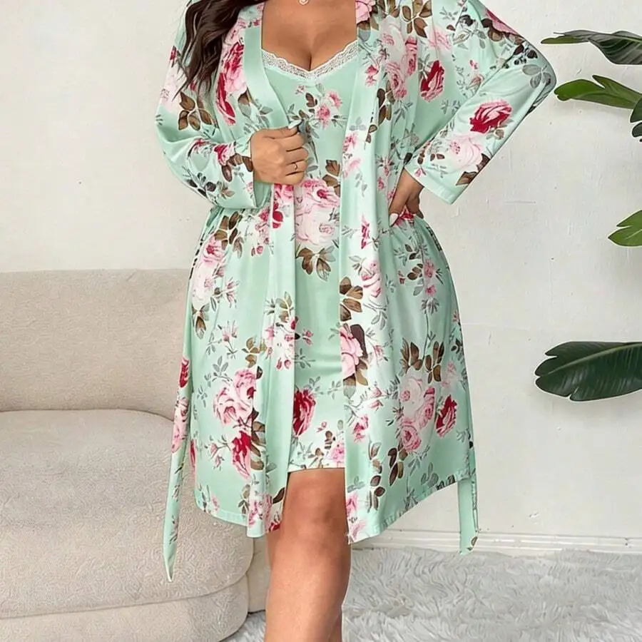 

Plus Size Floral Print Lace Trim Cami Dress And Tie Front Robe 2 Piece Pajama Set