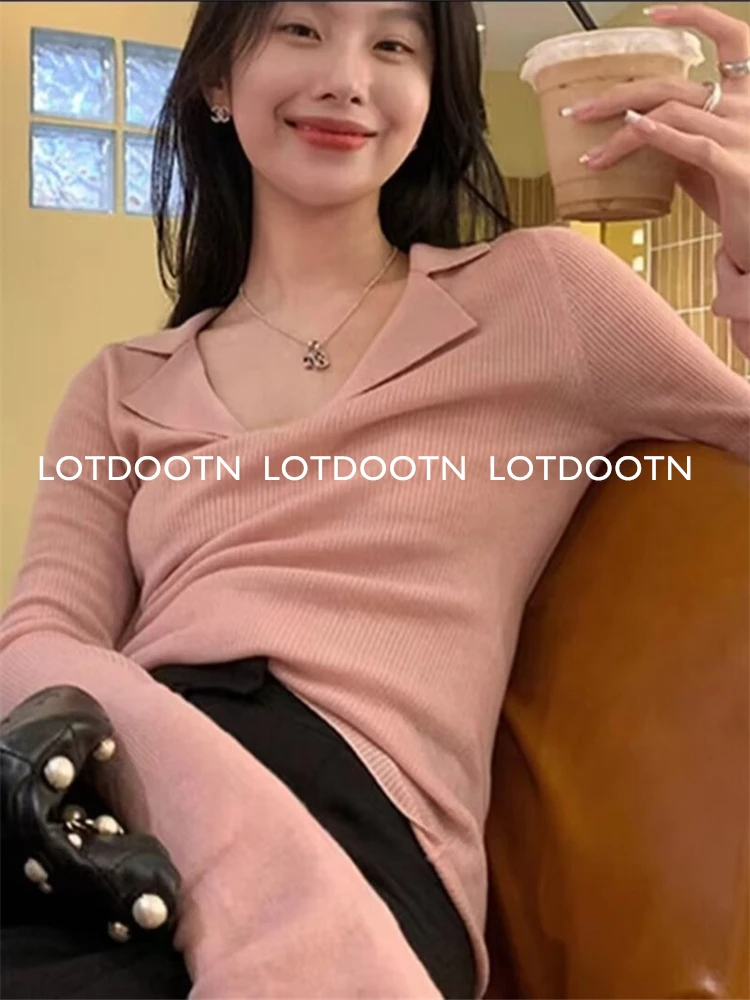 LOTDOOTN Y2k Women's Long Sleeve Knitted Tops Lapel Autumn Knitwear Flared Sleeves Decoration Slim-Fit Tshirt Pullovers Clubwear