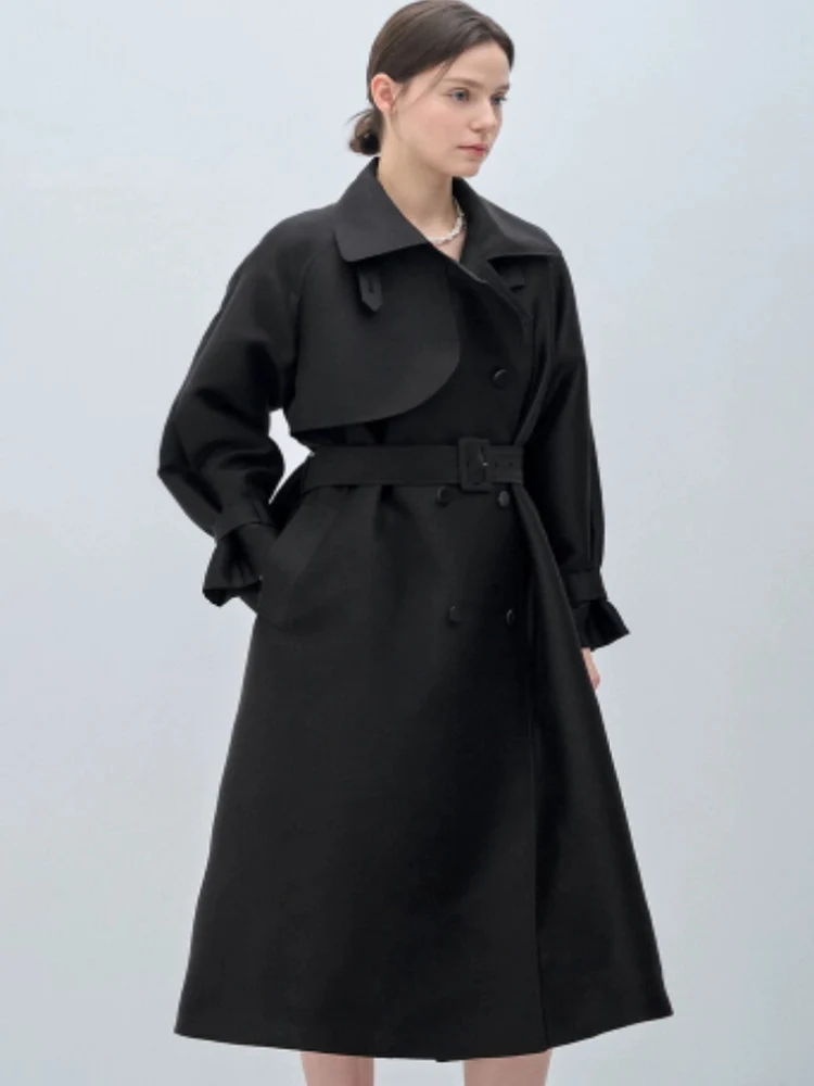 

Ele Korean Sle Women's Windbreaker Coat with oulder Insertion Flip Collar Double Row Buttons Waist Belt Glossy Fini