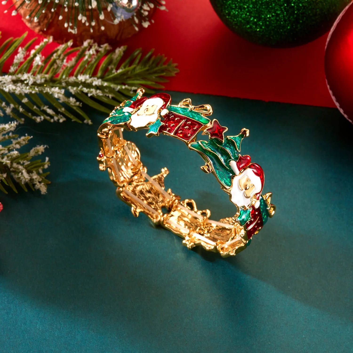Weihnachts-Metall-Ohrringe, Armband, Halsketten-Set für Frauen, mit Tropfen-Öl-Motiven, Weihnachtsmann, Weihnachtsbaum, Schleife, Hut, Choker, Schmuckdekoration – Detail 7