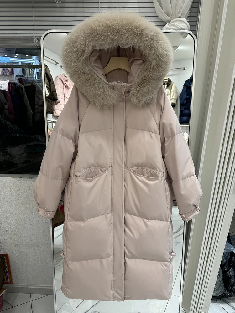 90% eendendons jas donsjack dames luxe bovenkleding lange puffer jas warme vrouwelijke pluizige parka's losse 2025, echte vossenbontkraag
