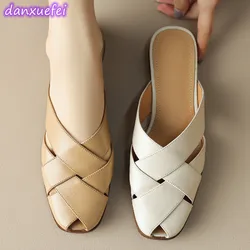 danxuefei plus size 34-41 women's genuine leather narrow band braided slip-on flats summer mules soft comfortable sandals shoes