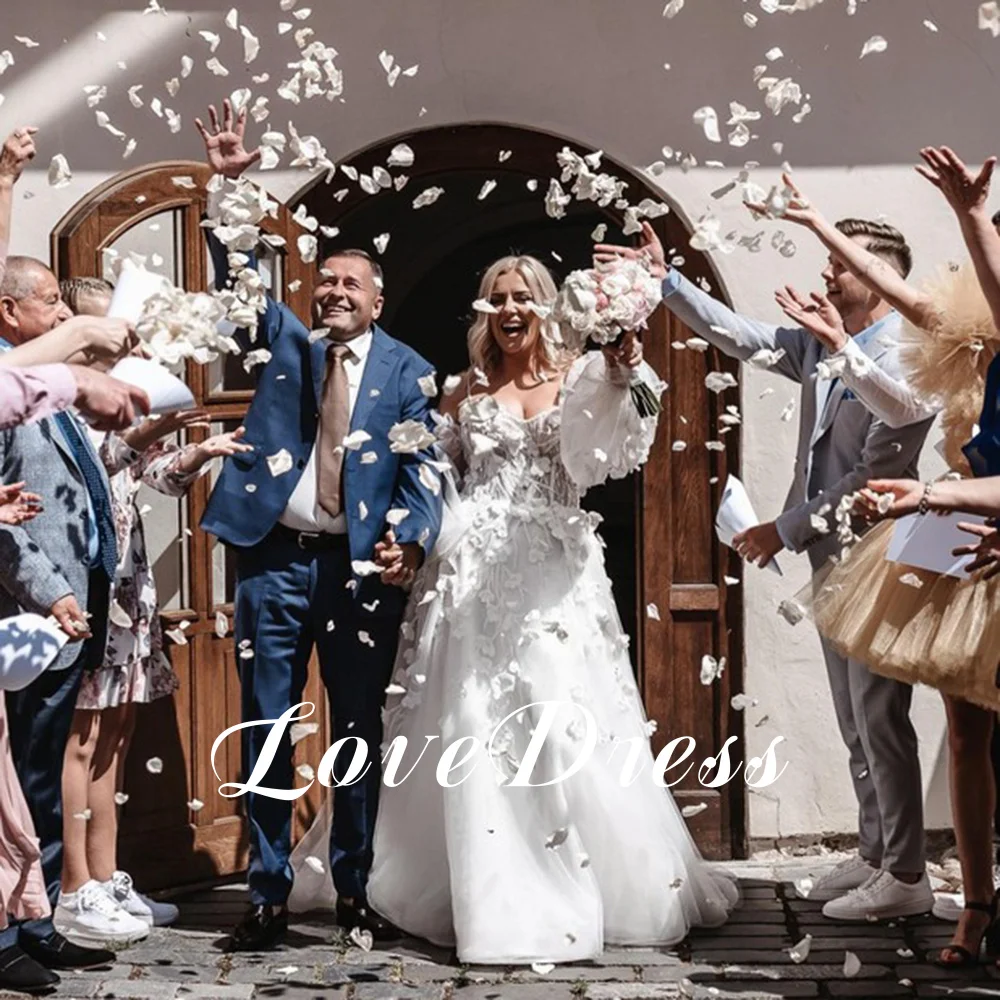 LoveDress Свадебное платье на тонких бретельках с кружевными аппликациями и съемными рукавами, современное платье трапециевидной формы для невесты со шлейфом на спине по индивидуальному заказу