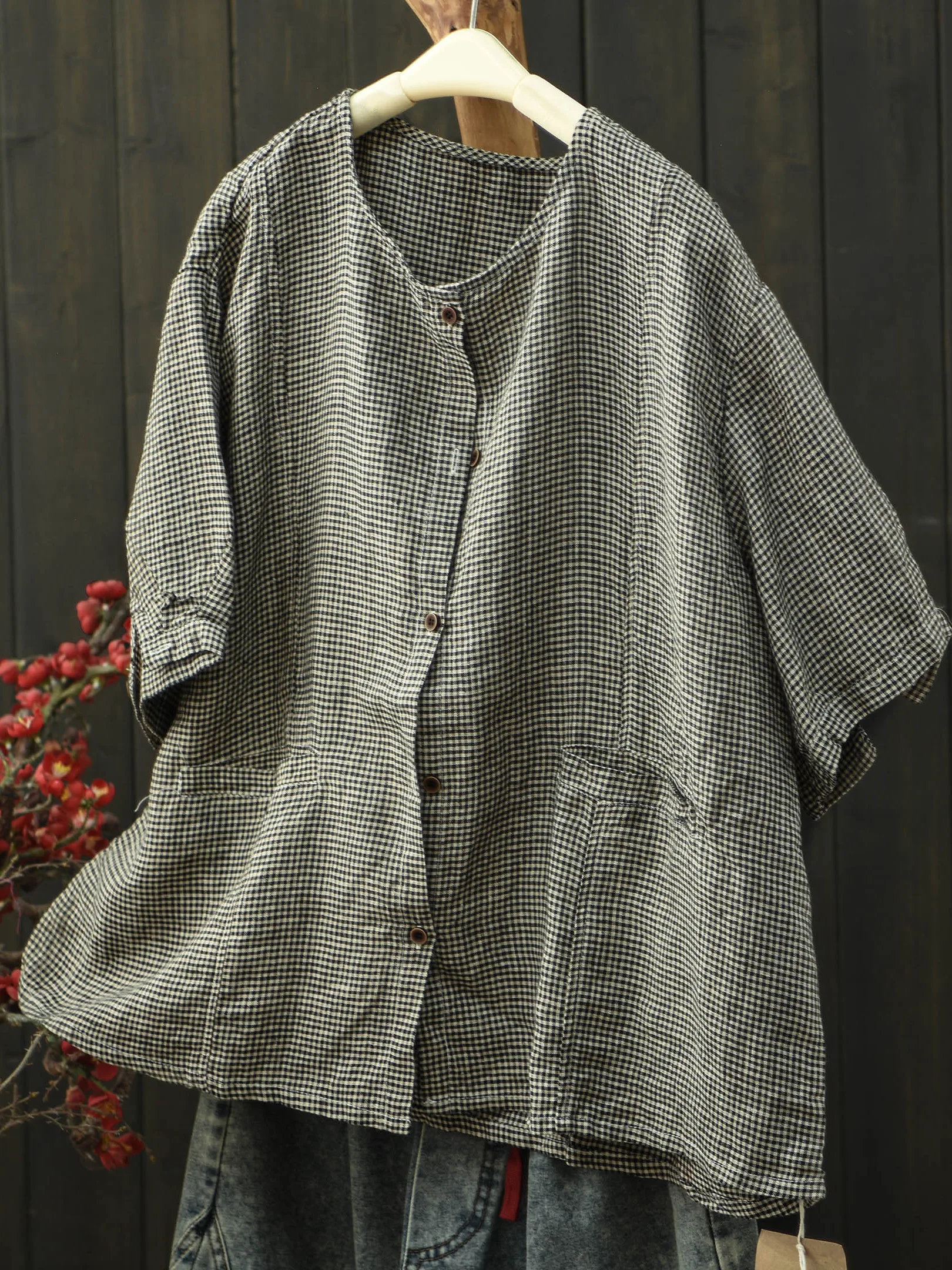 

Casual Loose Linen Shirt Women's Short Sleeve Button up Summer New Style Breathable Comfortable round Neck Open Cardigan