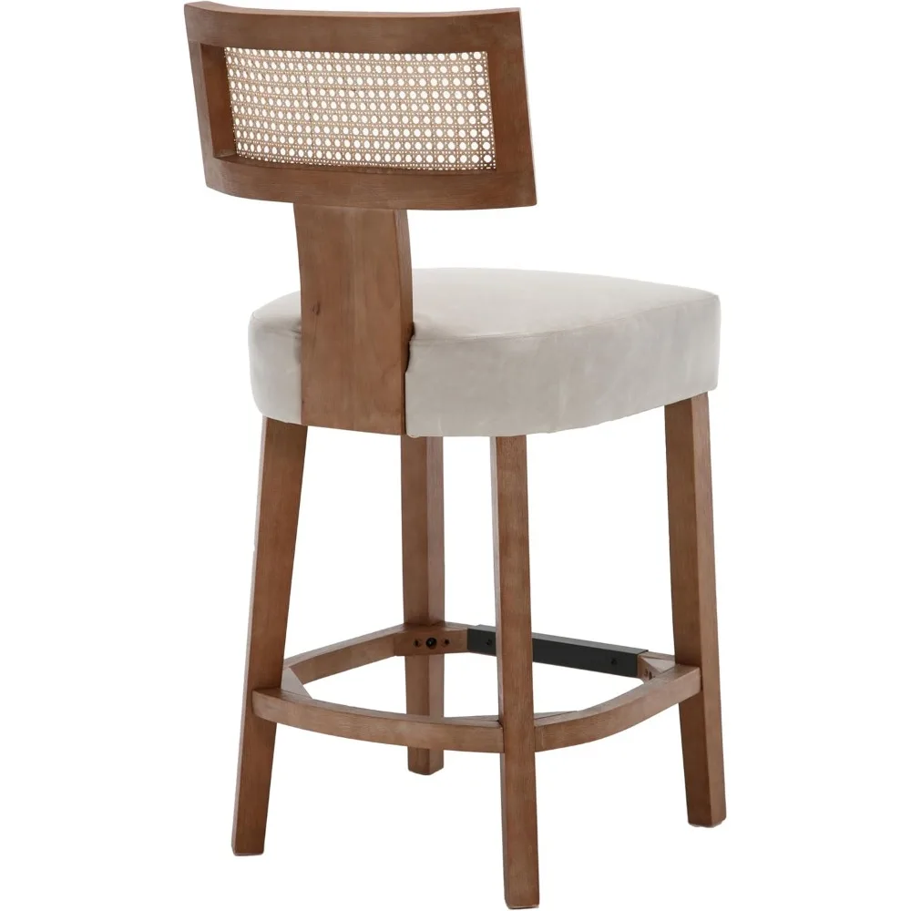 26”Rattan Bar Stools Set of 2 Counter Height Bar Stools Kitchen Counter Stools with Natural Rattan Woven Back,Leather Upholstere