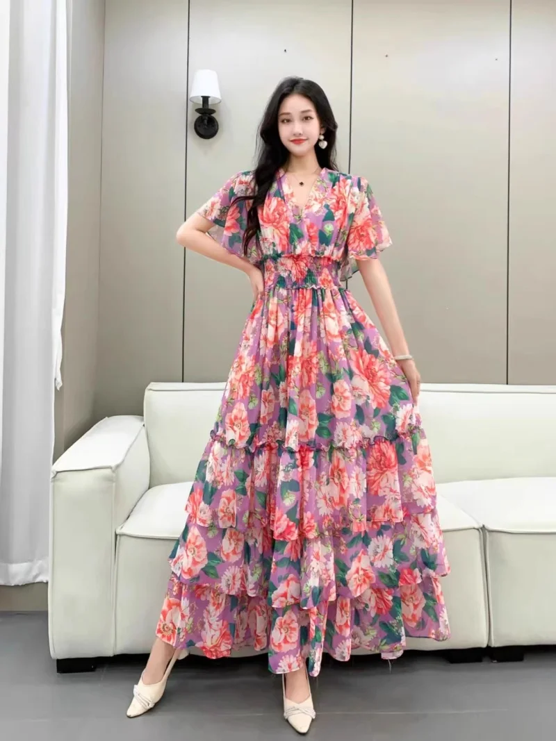 Francês retro com decote em v plissado mangas plissado vestido floral para as mulheres 2025 verão cintura alta emagrecimento chiffon vestido longo w104