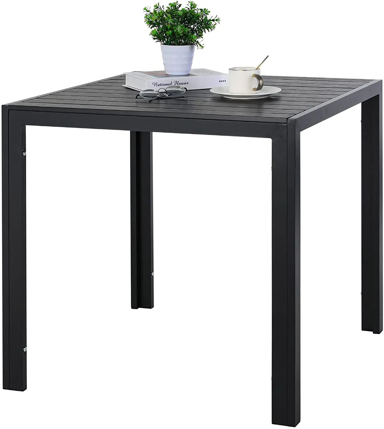 Garten-Esstisch 75x75cm, Wetterfester Aluminium-Balkontisch mit Holzoptik-Platte, 4-Sitzer Outdoor-Esstisch für die Terrasse