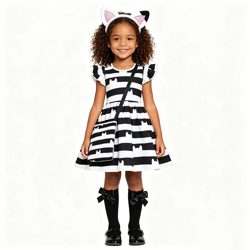Doll Cat Gabby Cartoon Girl Dress Halloween Cosplay Birthday Party Children's Costume Carnival Striped Casual Cute Kids Clothes