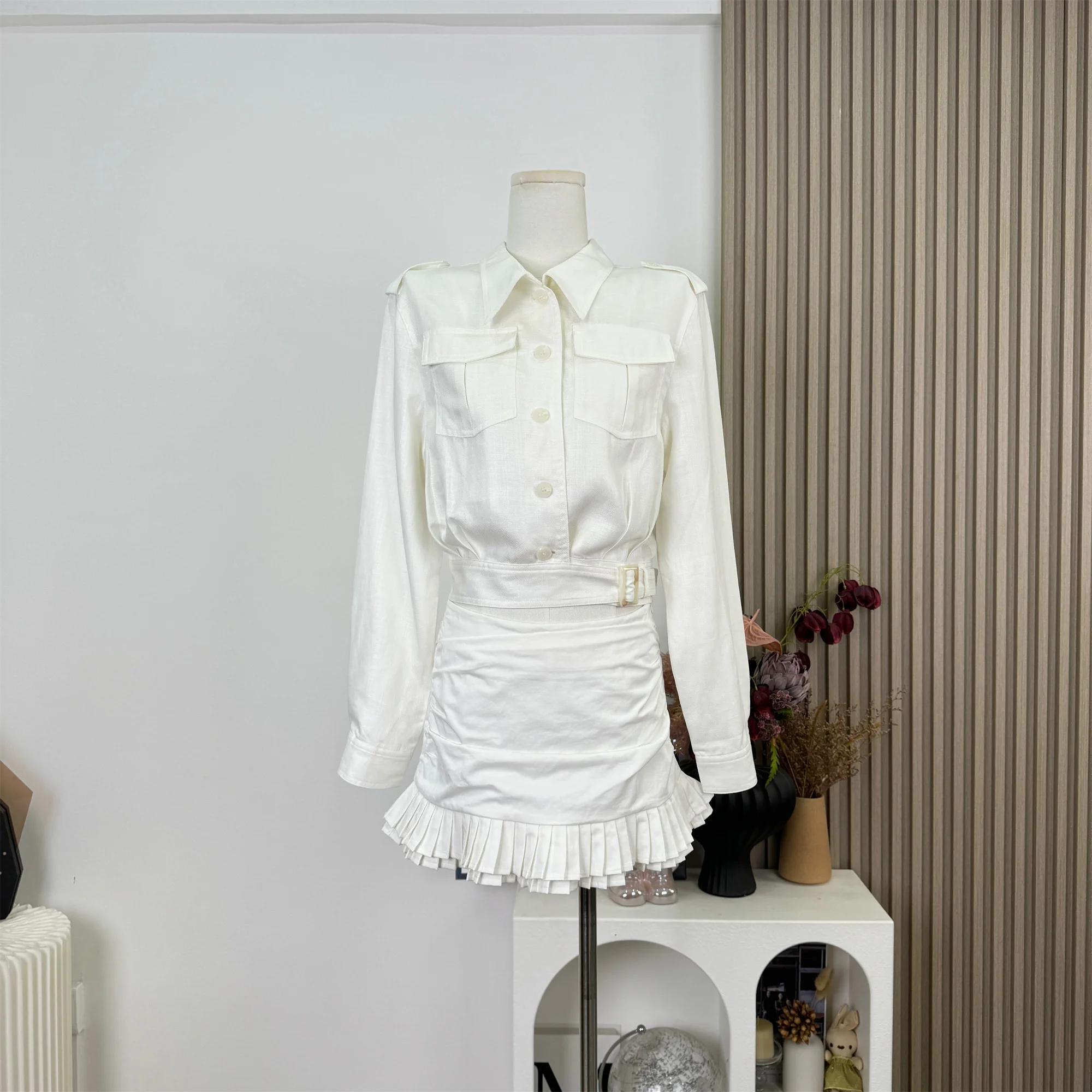 

Tencel Linen Short Coat Women's Autumn White Short Jacket Small Top + Skirts
