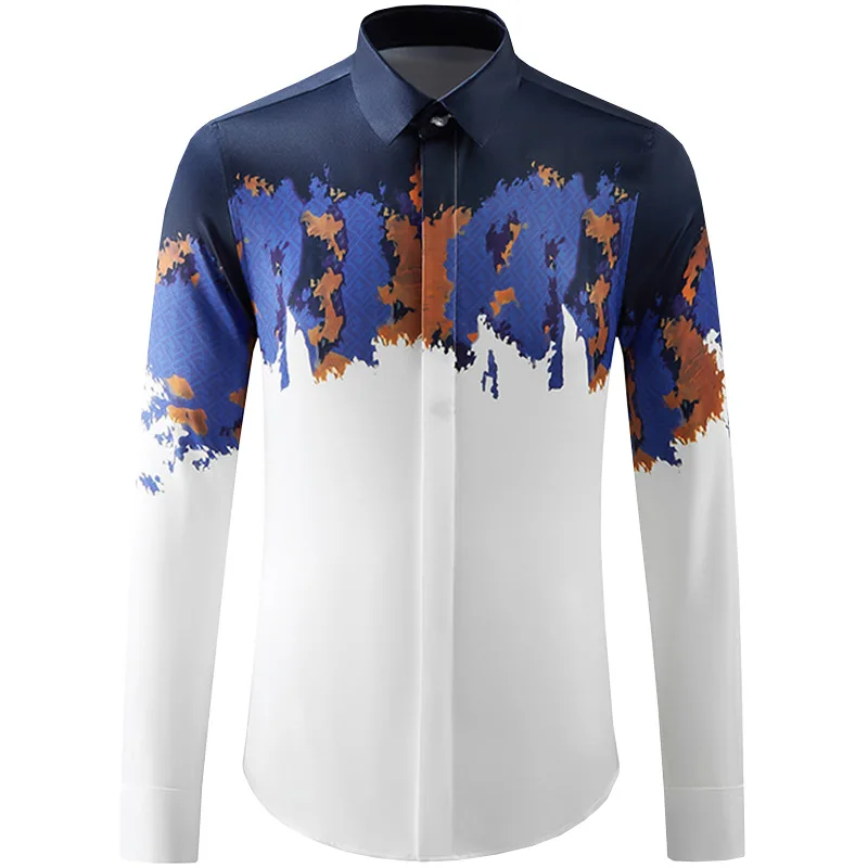 2024 spring Graffiti Shirts Men Long Sleeve Slim Casual Shirt Fashion Social Business Dress Shirt Streetwear Party Tuxedo Blouse