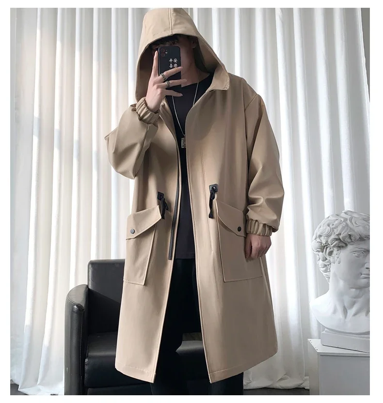Trenchcoat Herren Neue Mode Armeegrüner Überzieher Männer Casual Windbreaker Einfarbiger Langer Mantel Herren Herbst Homme Schwarz/Khaki/Armeegrün – Detail 8