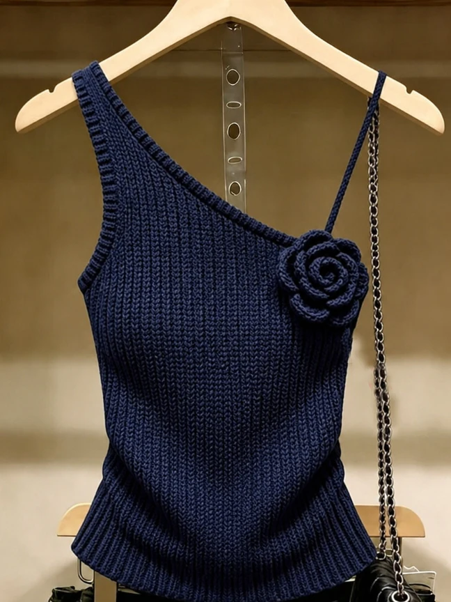 

Fashionable Knitted Shoulder Bared Top Summer 2026 Pure Desire Style 3D Flower Embellished Slim Fit Korean Style Silk Shirt