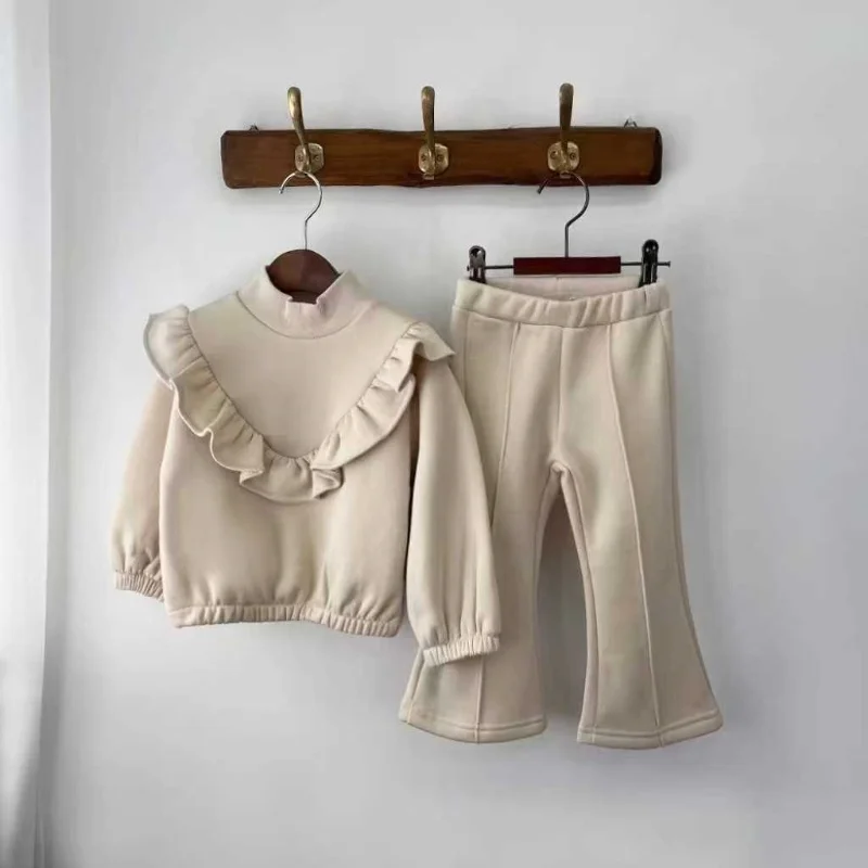 Winter Girl Children Fashion Solid Flounce Turtleneck Thick Tops + Boot Cut 2pcs Baby Cotton Casual Sweatshirt Set Kid Outfits