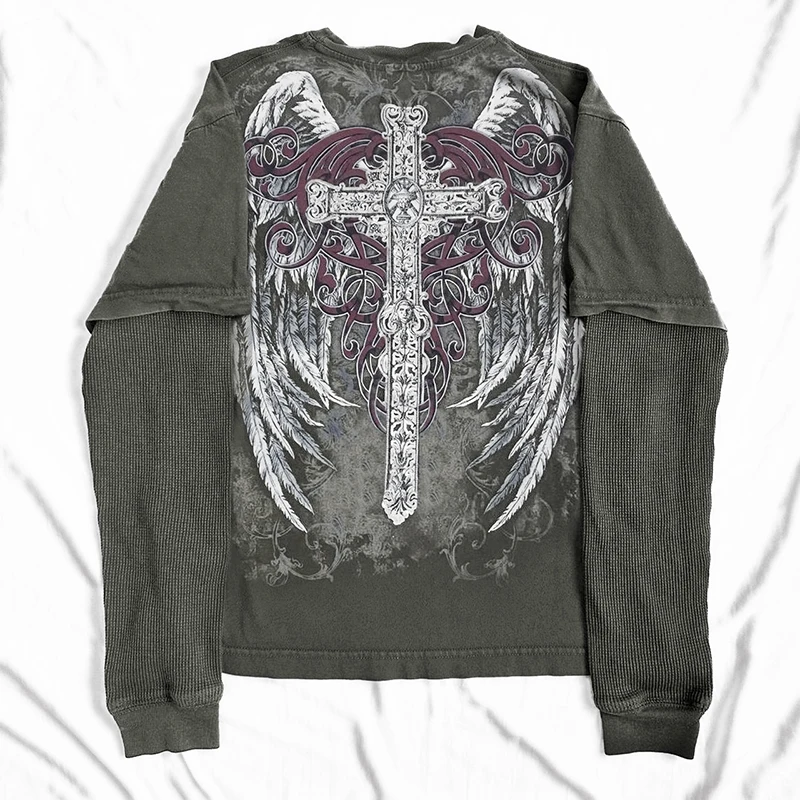 Y2K Cyber Coss Wings Print T-shirt Skull Graphic Long Sleeve Tees Grunge  Fairy Vintage Baggy Top Gothic Clothes