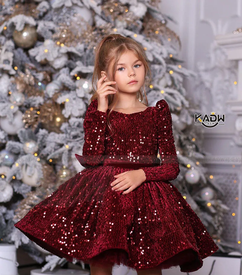 Autumn Winter New Arrival Long Sleeve Kids Red Sequin Fancy Prom Flower Girl Princess Gown Baby Birthday Party Dresses