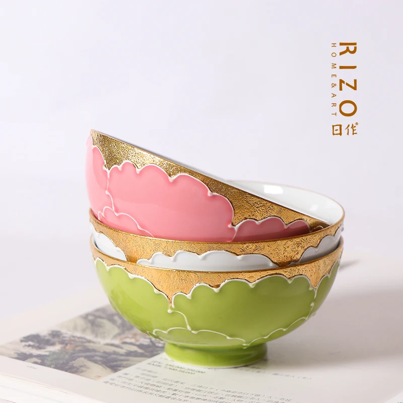 Japanese Arita Yaku Bunshan Kiln Hand-Painted Gold Border P Ceramic Soup Bowl Rice Household Small Noodle