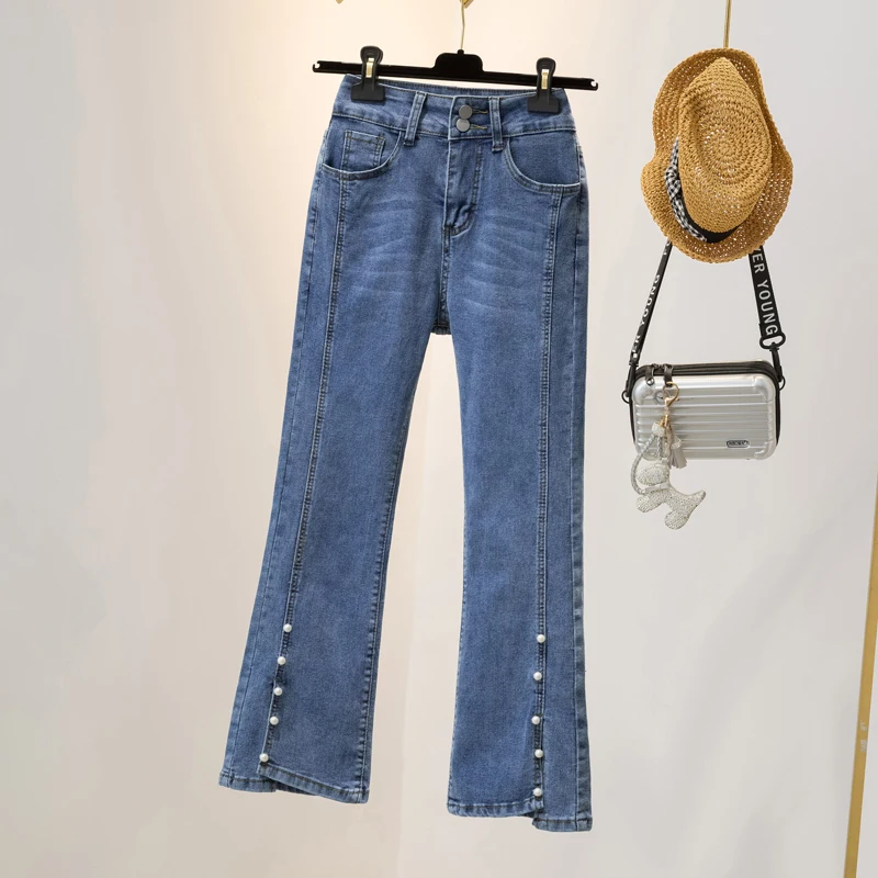 Pearls Slit Women Jeans Ankle-Length High Waist Skinny Denim Pants 2022 New Spring Summer Female Pencil Pant