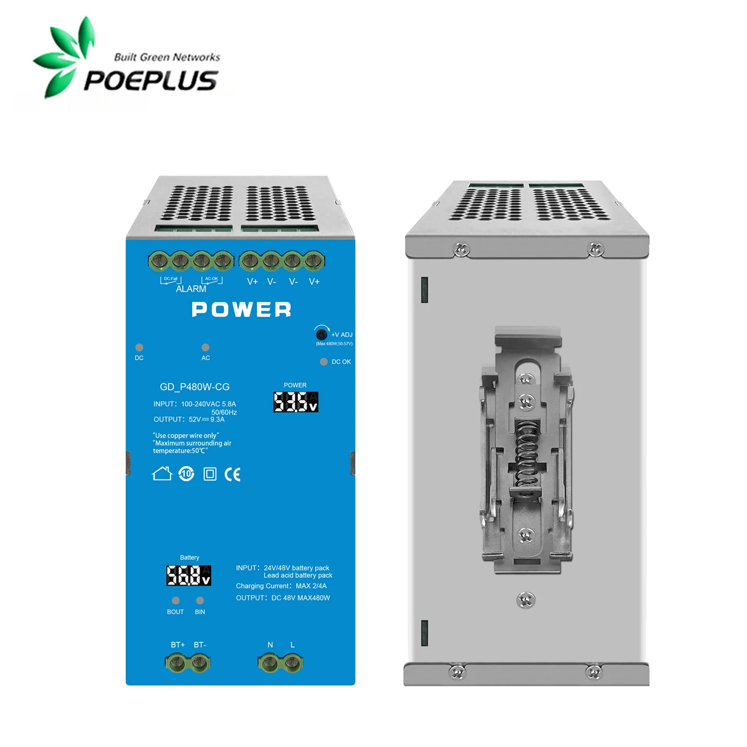 産業用スイッチ電源 300/480W |   AC110-265Vから52V、50-57V出力調整可能、DIN、LED、充電管理