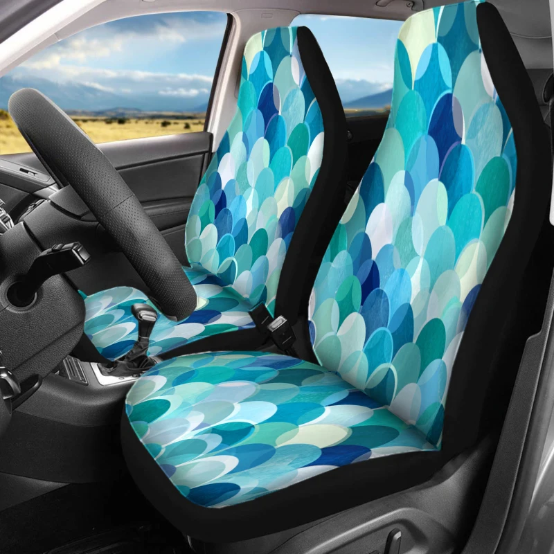 Set Of 2 Front Seat Covers Designed For Cars, Featuring A Blue Wave Design. These Breathable Vehicle Cushions Do Not Have Back P