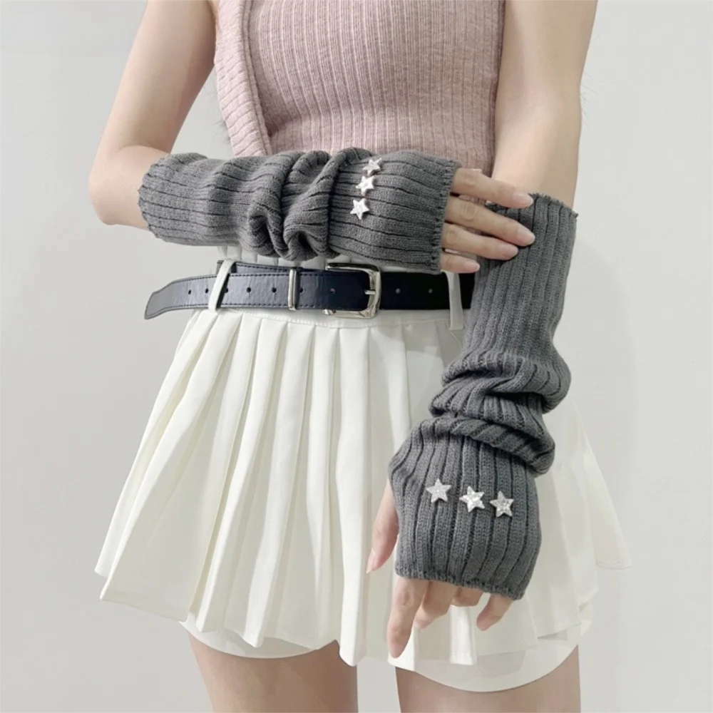 Fashion Long Arm Warmer Gloves Knitted with Pentagram Patch Warm Arm Sleeve Cold Proof Fingerless Gloves Autumn Winter