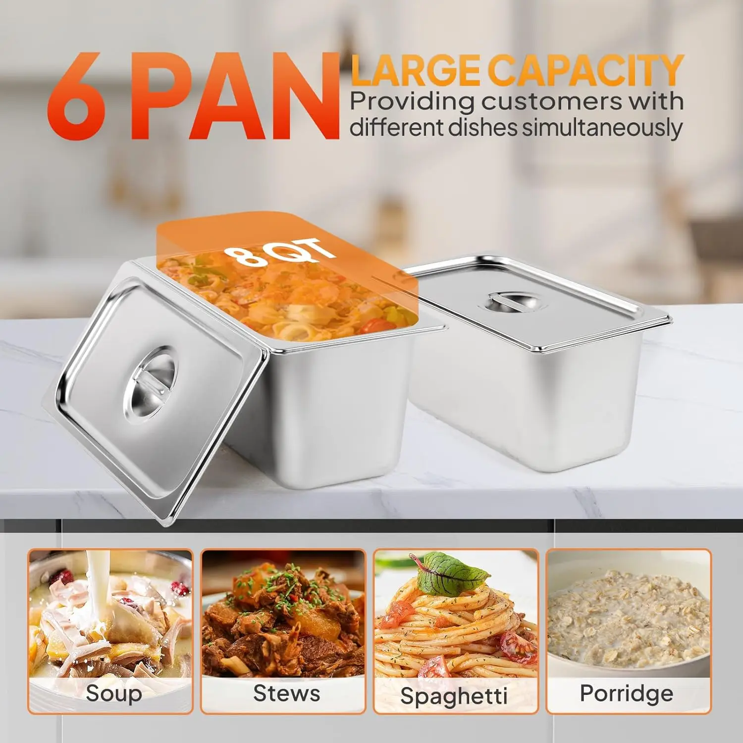 Electric Commercial Food Warmer 48QT, 6-Pan Steam Table Stainless Steel Bain Marie Countertop 8QT/Pan w/Acrylic Shield Temperatu