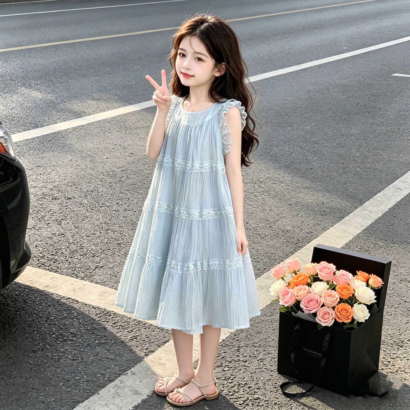 Baby Dresses For Girls Ruffle Fly Sleeve Lace Tiered Sundress Summer Casual Girls Clothes Light Blue Flowy 5 6 8 10 12 13 Years