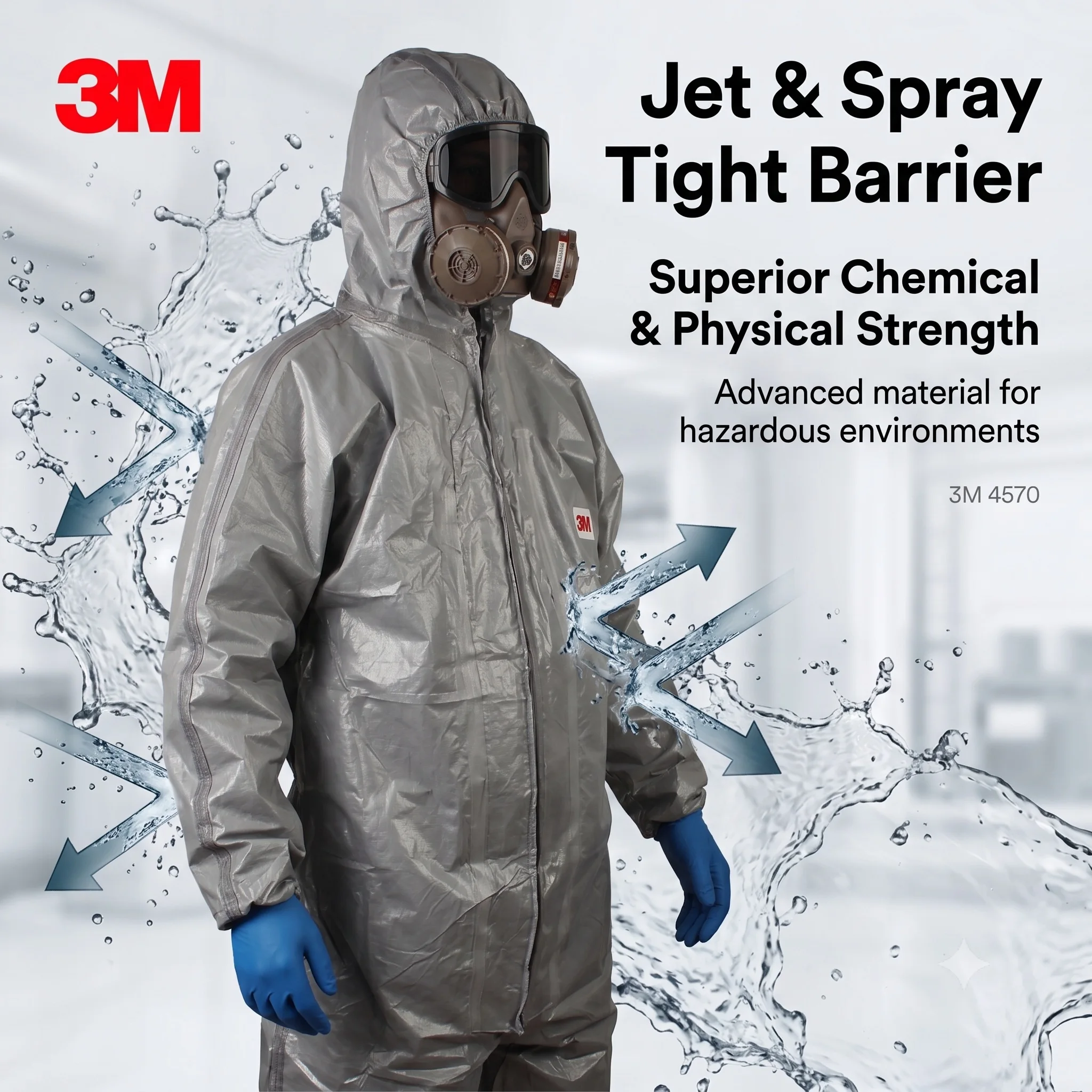 3M 4570 Protective Coverall Grey Chemical Resistant Suit Type 3/4/5/6 Nuclear Biological HAZMAT Suiting with Hood for Heavy Duty