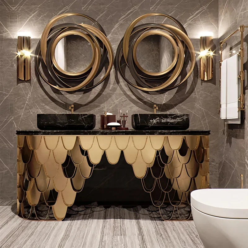Light luxury creative stainless steel fish scale sink floor modern high-end villa bathroom sink