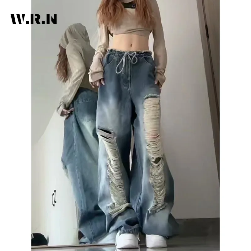 

2024 Spring Vintage Harajuku Y2K Loose Jeans Women's Hollow Out Blue Pants Wide Leg Baggy Trashy Style Ripped Denim Trouser