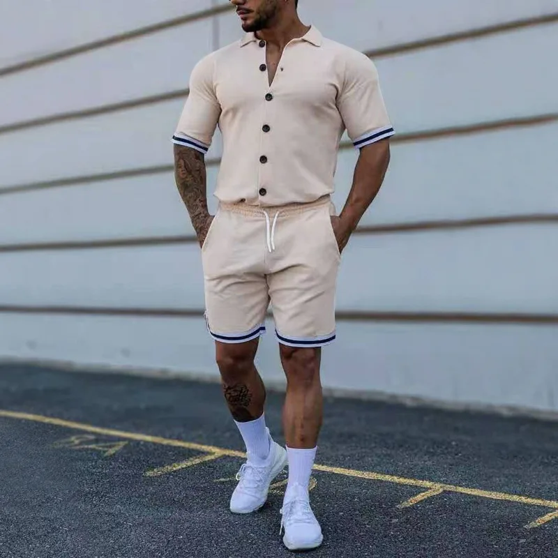 Men Short Set Summer Mens Track Suit Sets Custom Logo Solid Color Mens Button Short Sleeve Shirts Shorts Set Two Piece