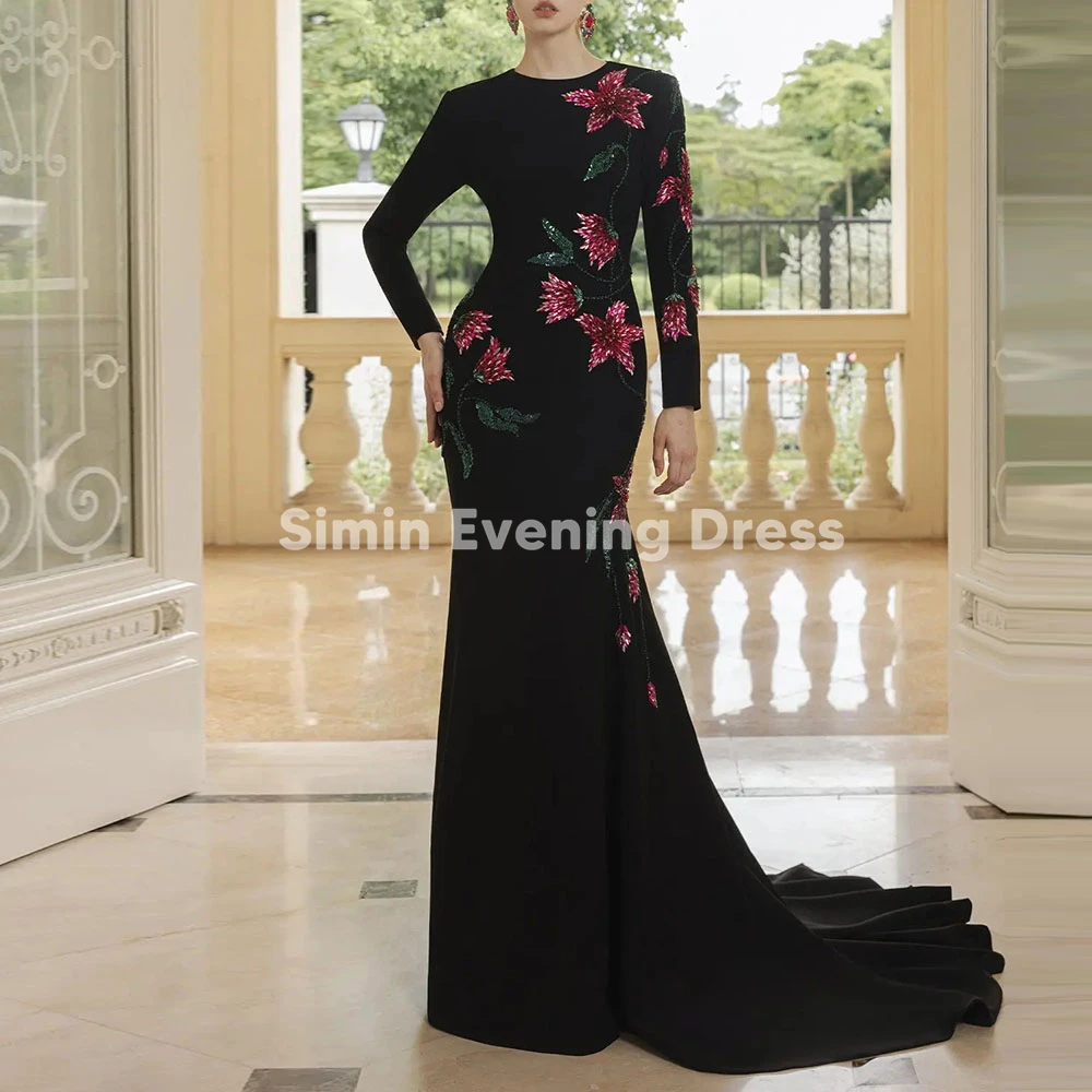 

Simin Women's Customized O-neck Beaded Floor-Length Evening Dresses With Long Sleeves Draped Mermaid Formal Elegant Dresses 2025