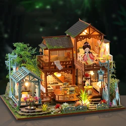 DIY Wooden Doll Houses Chinese Ancient Garden Room Casa Miniature Building Kits with Furniture Led Dollhouse for Adults Gifts