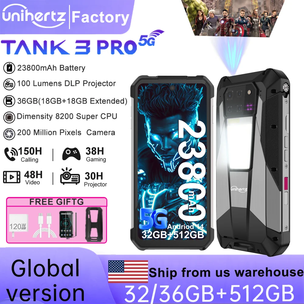 Unihertz 8849 Tank 3 Pro 5G Projector Phone 32GB 36GB RAM 512GB ROM Cell Phone 23800mAh 120W Fast Charger 200MP Camera Dual Sim