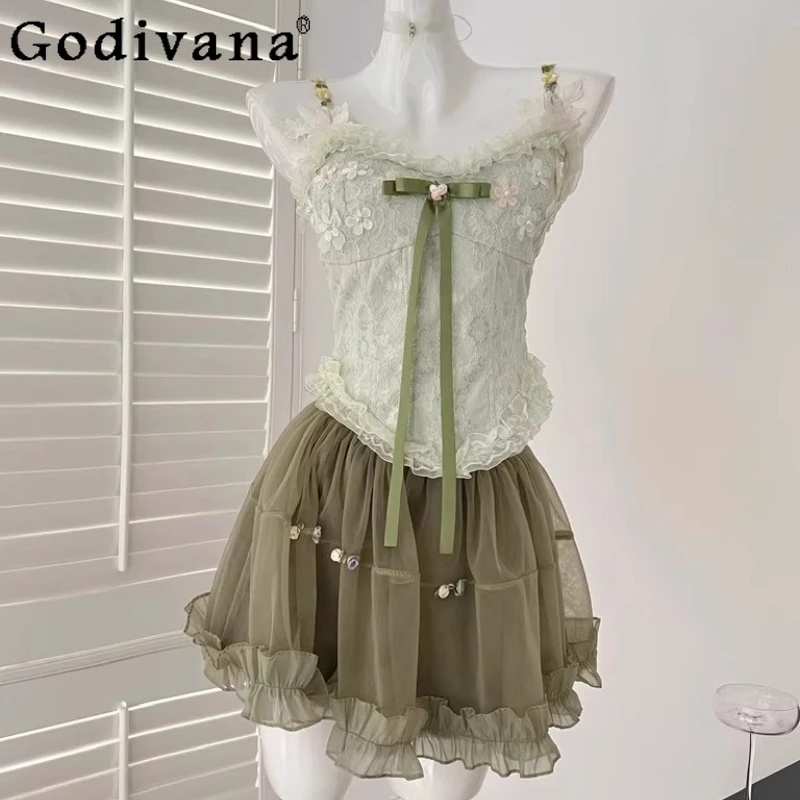 

Women Summer Lace Lolita Set Elegant Sweet 3 Piece Suit Girls Green Cardigan Bow Flower Vest Elastic Waist Mini Skirt Set