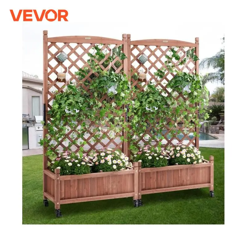 VEVOR 2PCS Wood Planter with Trellis  Outdoor Raised Garden Bed with Drainage Holesfor Vine Climbing Plants Flowers in Garden