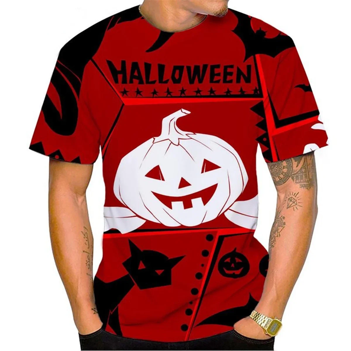 

3D printed Halloween pumpkin head men's fun pattern T-shirt casual and fashionable loose round neck short sleeved T-shirt top