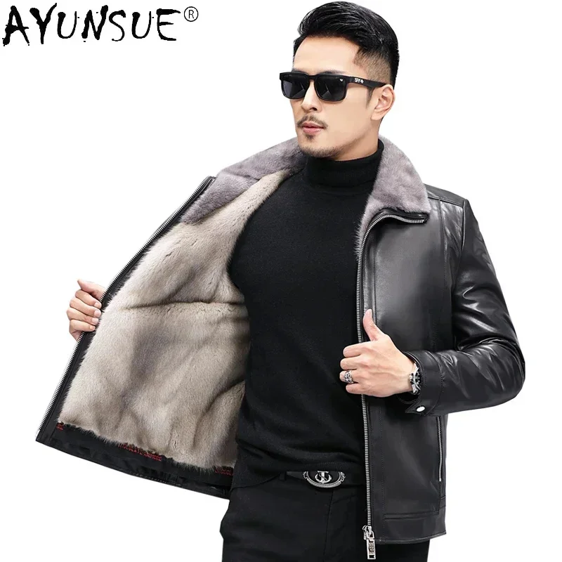 AYUNSUE Winter Warm Real Fur Coat Men Natural Mink Liner Jacket Genuine Cowhide Leather Coats Fashion Thick Clothes WPY4663