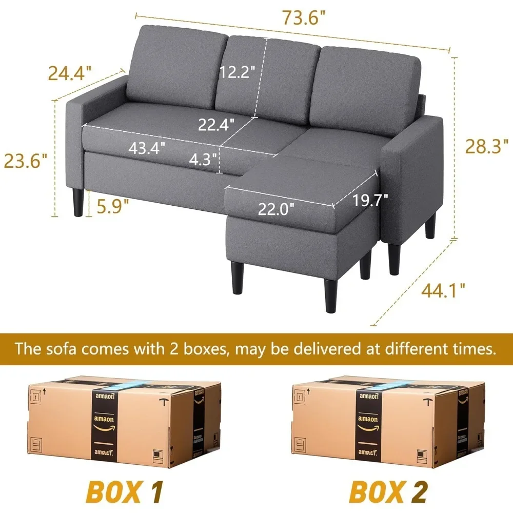 Convertible segmented sofa,small seater L-shaped sofa with modern linen cushion, space saving sofa with flippable lounge chair