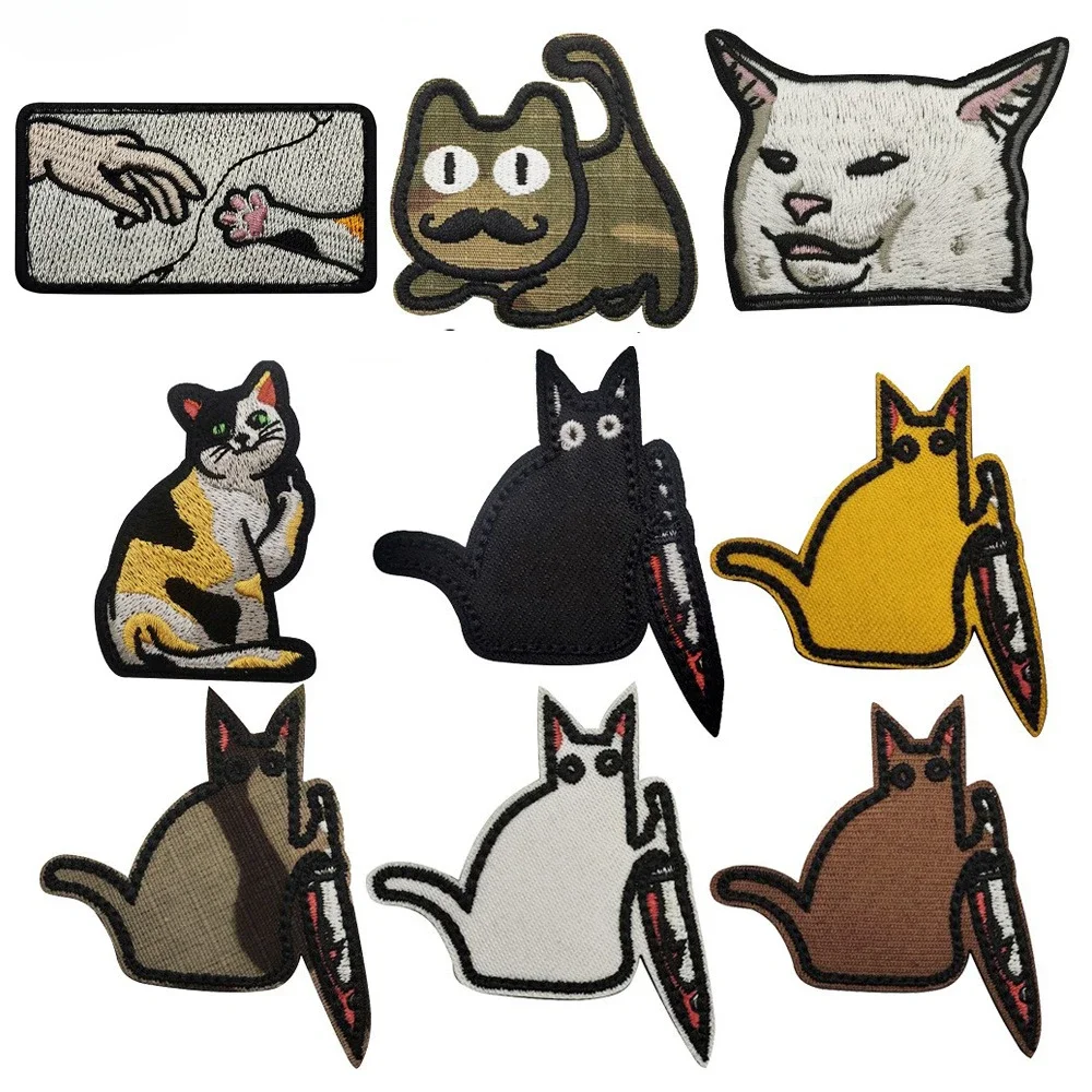 Cat with A Fish Knife Embroidery Patches Cartoon Morale Armband HOOK & LOOP Badges DIY Clothes Backpacks Hats Kids Accessories