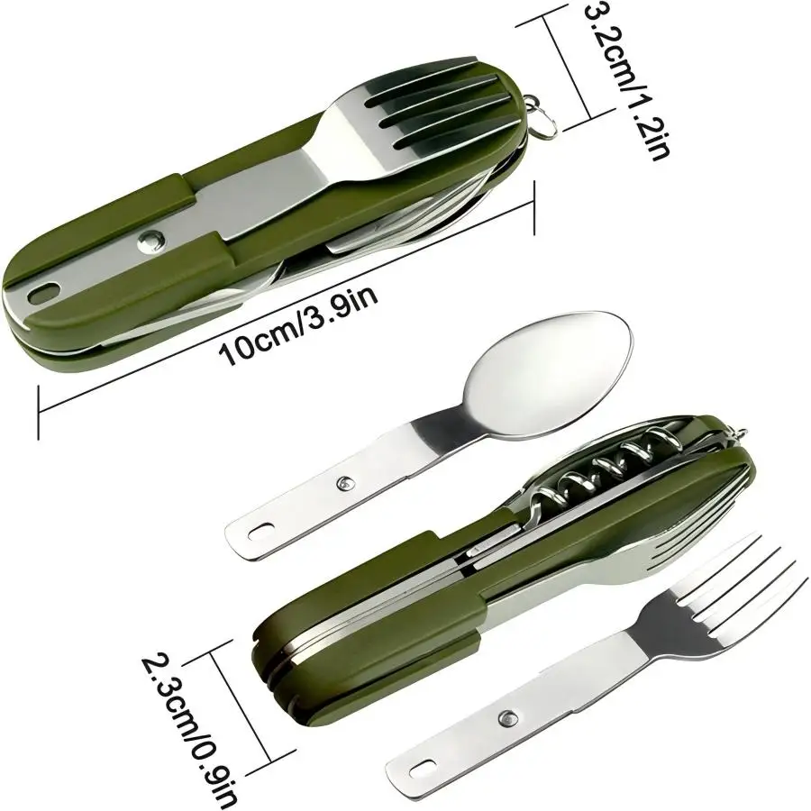 Set peralatan makan berkemah dapat dilepas, peralatan makan berpergian Stainless Steel 7-in-1 portabel, peralatan makan lipat multifungsi