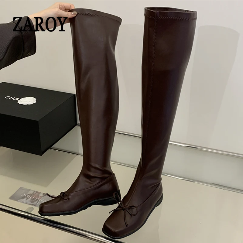 ZAROY Stretchy Over Knee Boots Women Elegant Bow Knot Square Toe Flat Heel Slim Fit Long Boot Casual Versatile Winter High Botas