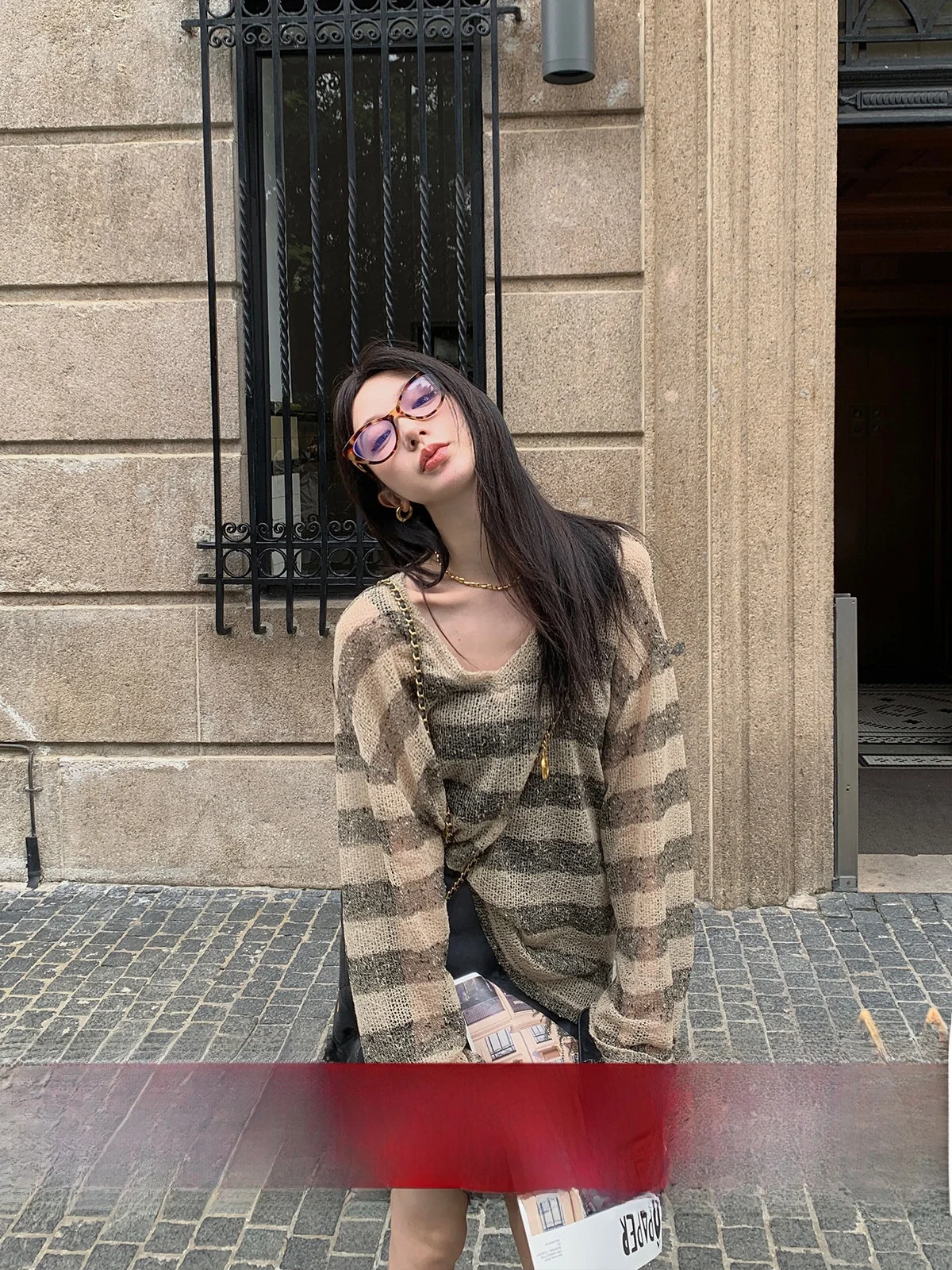 

Summer Thin Sun Protection Long Sve V-ne Knitted Sweater Loose Fit Striped Top by Ou Yang Breathable Lightweight Polyester