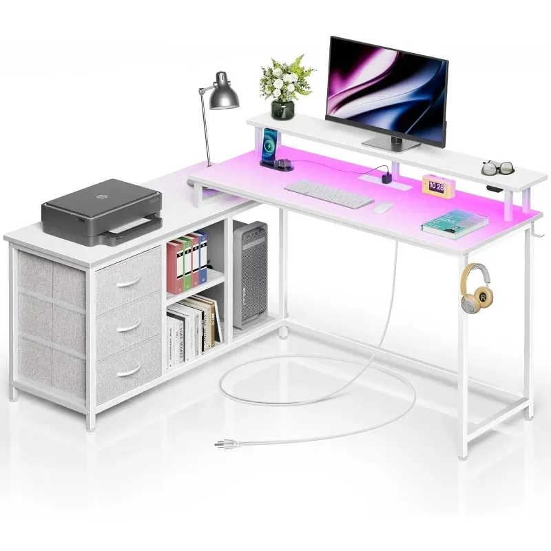 L Shaped Computer Desk with Drawers, Reversible Gaming Desk with LED Lights & Charging Port, Corner Desk with Storage Shelves