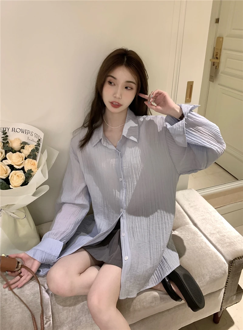 Korean Style Chic Simple Color Long Sleeve Sun Protection Shirt Casual Loose Collar Commute Versatile Women's Blouse